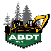 Yellow excavator and bulldozer logo with green shield text “ABDT MGMT” and small “Jogja, TX” beneath.