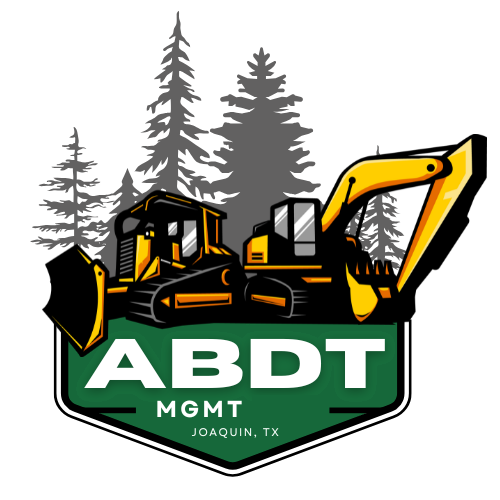 Yellow excavator and bulldozer logo with green shield text “ABDT MGMT” and small “Jogja, TX” beneath.