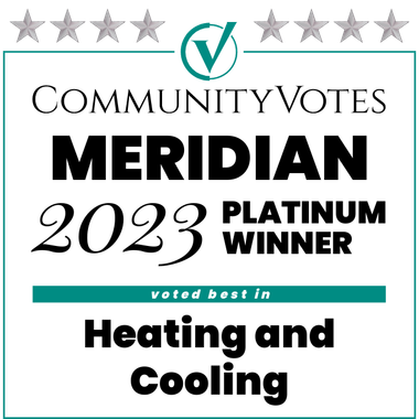 CommunityVotes Platinum Winner 2023 for Heating and Cooling in Meridian. Badge with teal and black text.