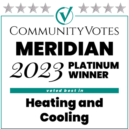 CommunityVotes Platinum Winner 2023 for Heating and Cooling in Meridian. Badge with teal and black text.