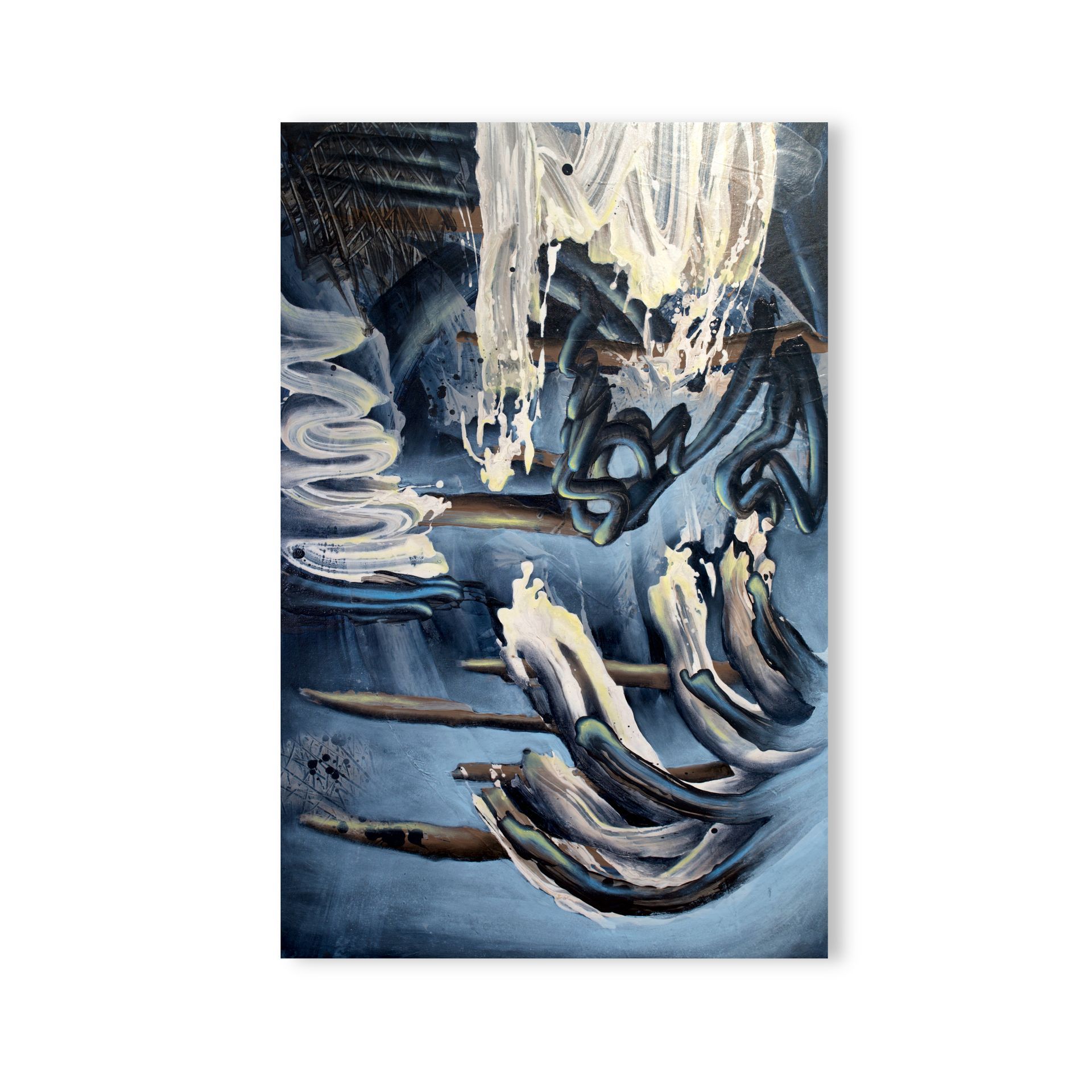 Blue painting with white splashes and black scratches by Lala Drona