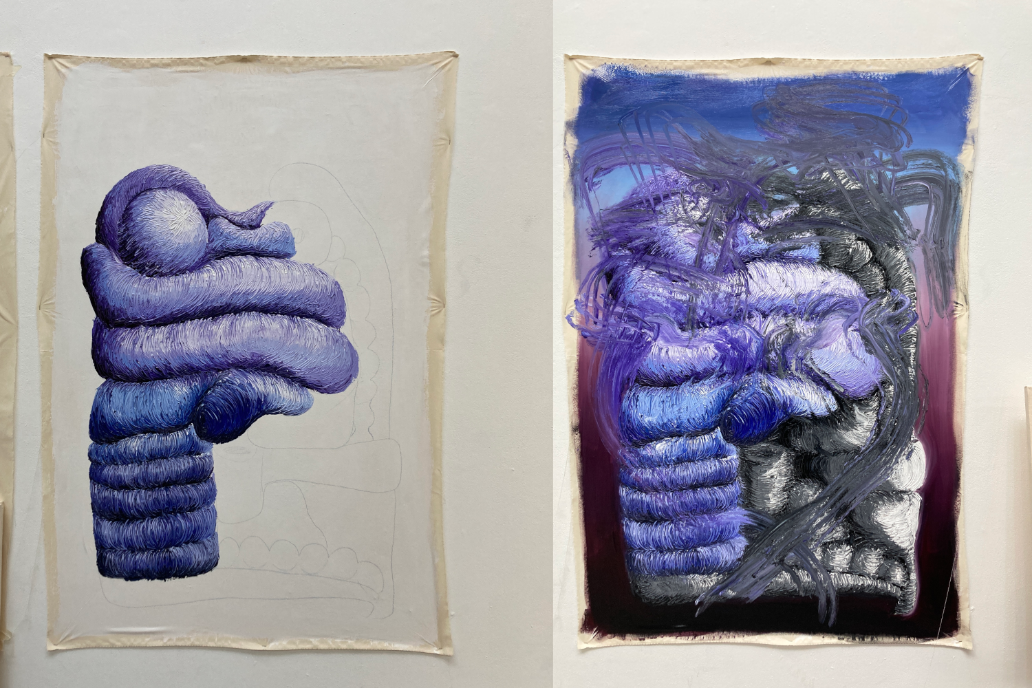 2 images of an abstract painting by Lala Drona showing process.