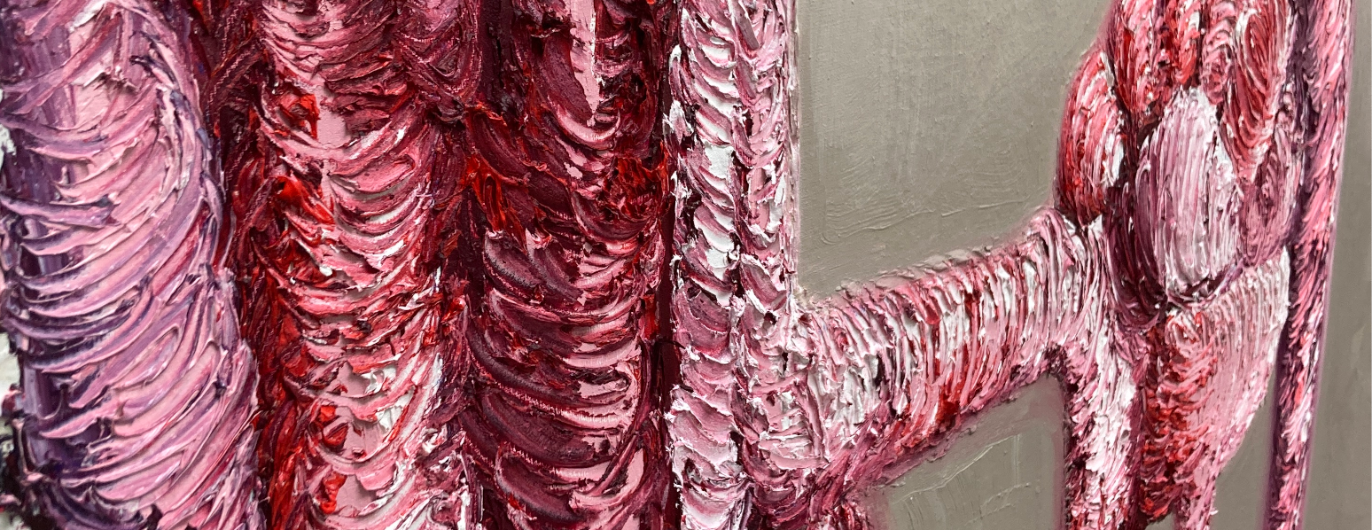 Close up image of Lala Drona's textured painting reminiscent of Philip Guston