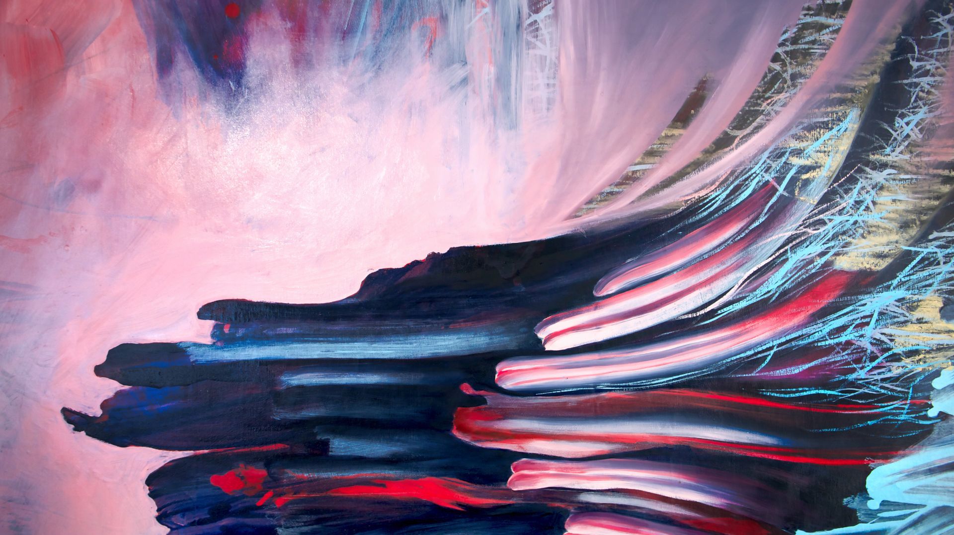 pink and blue abstract painting with texture and mark making by Lala Drona