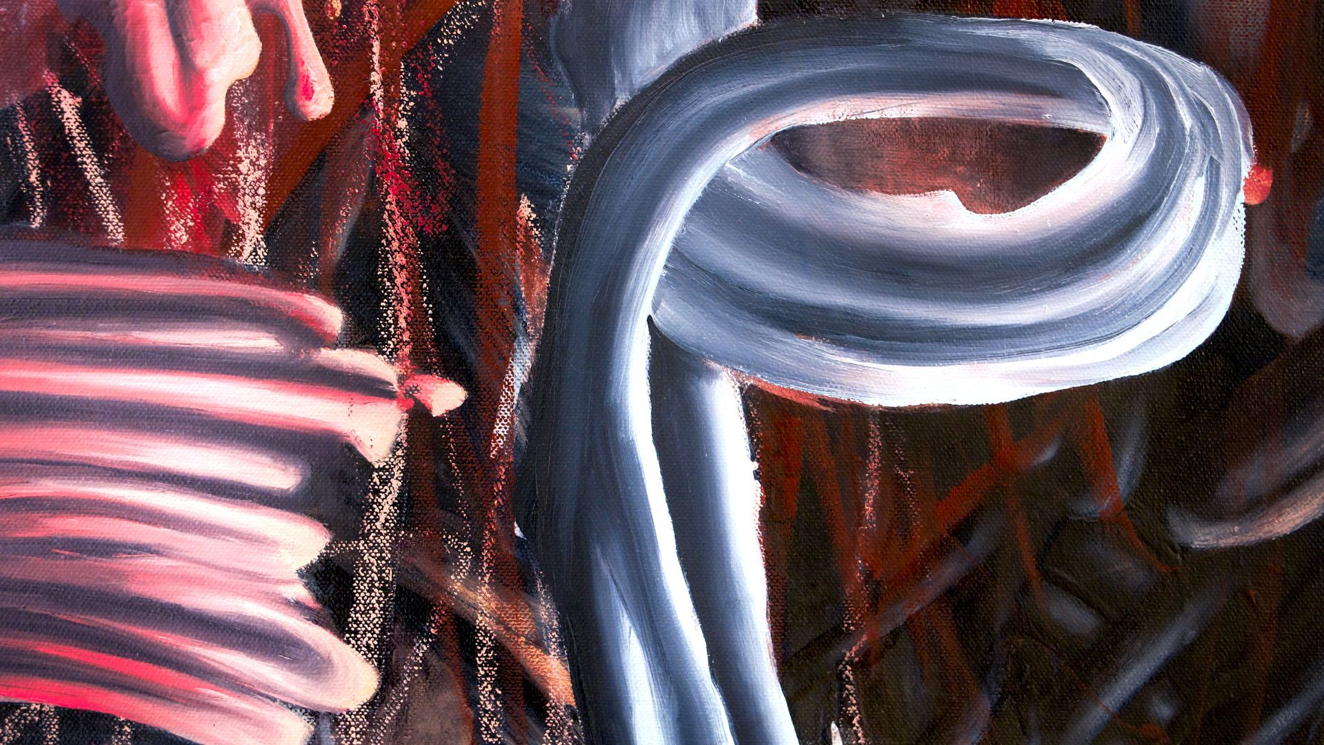 Swirling, light blue painted shape on a textured red and brown background. Painting Little Miss Perf