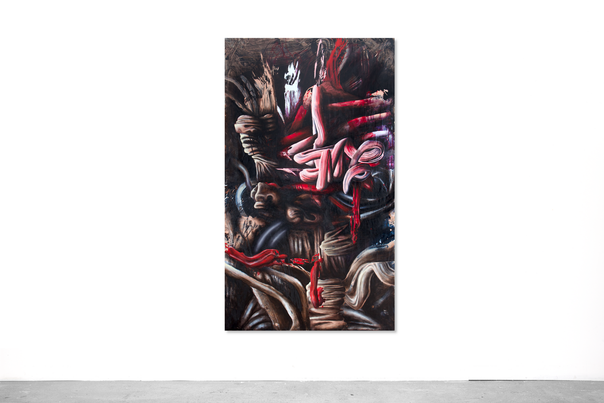 Painting of figures in chaos, reds and dark tones, reaching and contorted, on a white wall. Madame Sidewalk, by Lala Drona