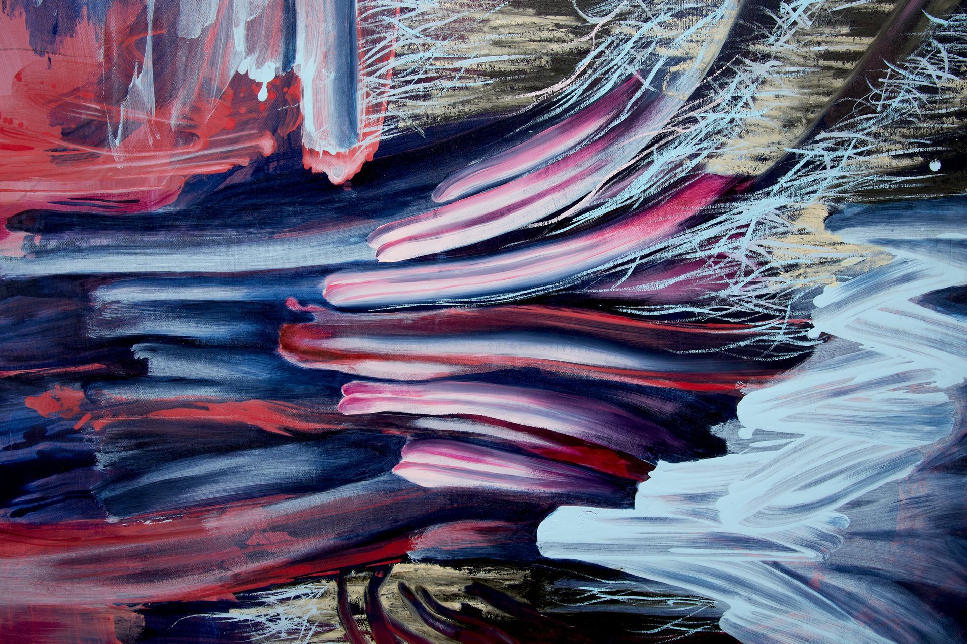 Detail of painting Queen bee theatre by Lala Drona pink blue