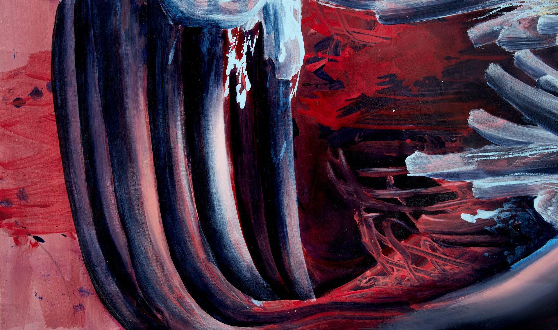 Detail of painting Queen bee theatre by Lala Drona red blue