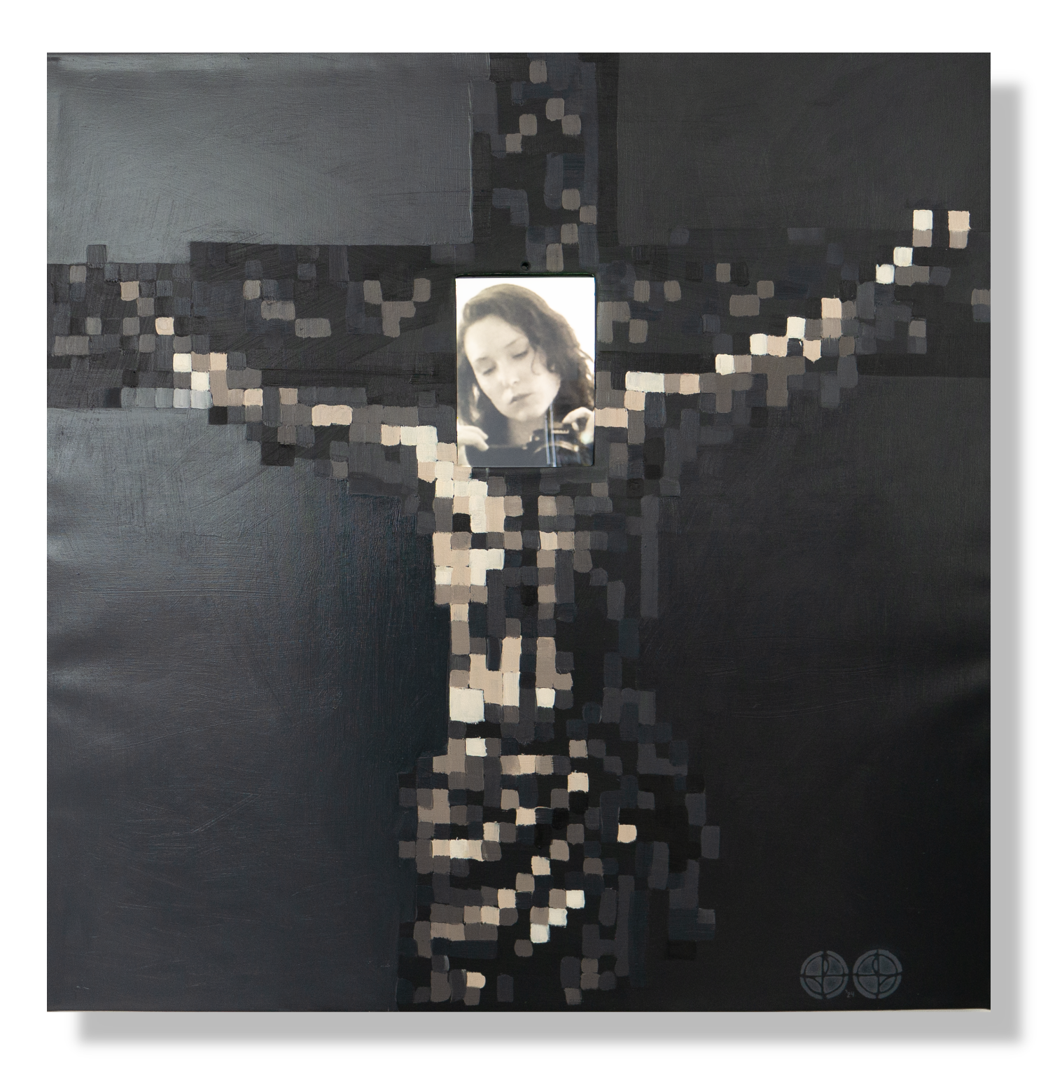 Expanded painting oil paint and video Virtual Reverence by Lala Drona