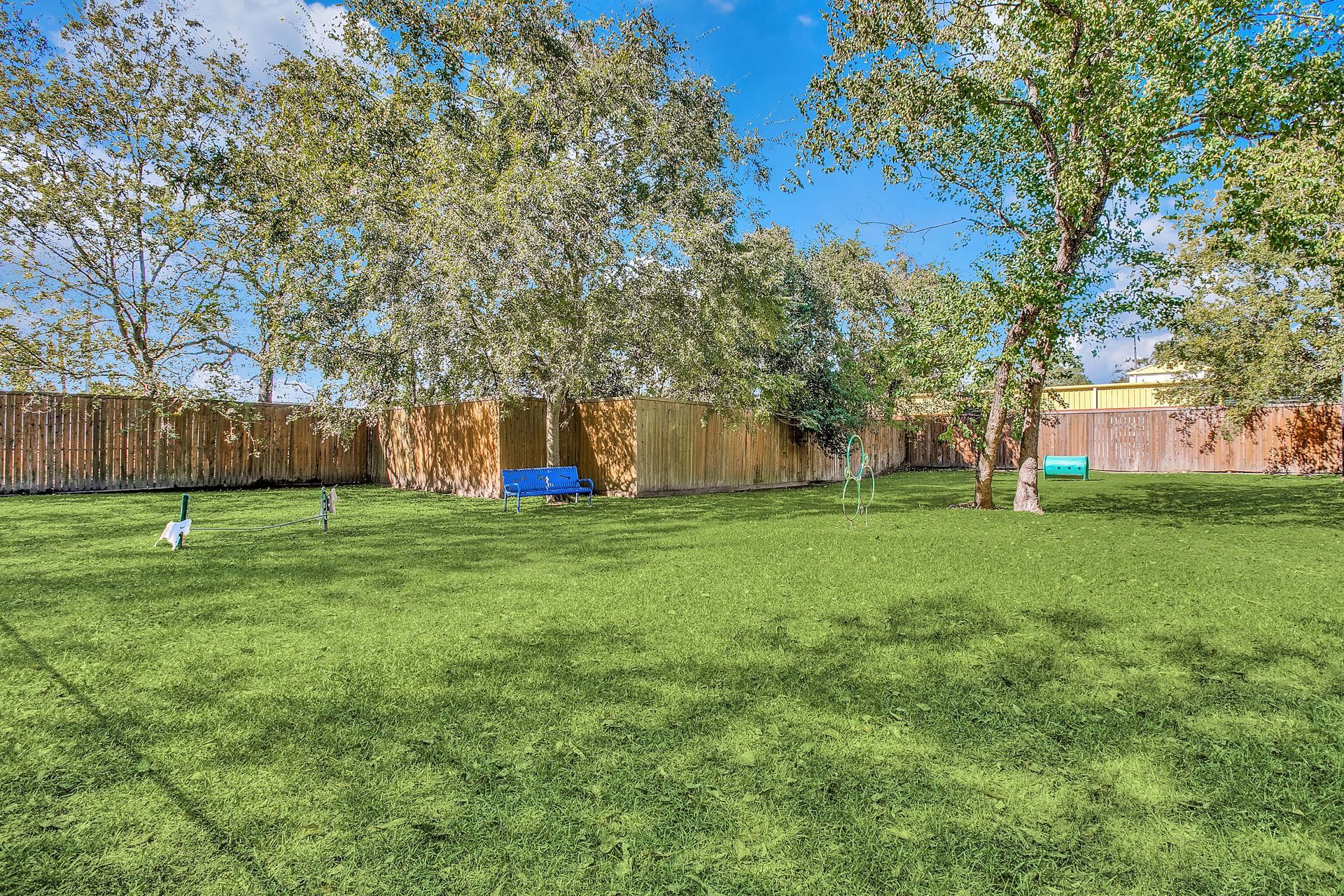 A lush green field with trees and a fence in the background at Marquis Champions Forest offers apartments with dog park in Houston, TX.