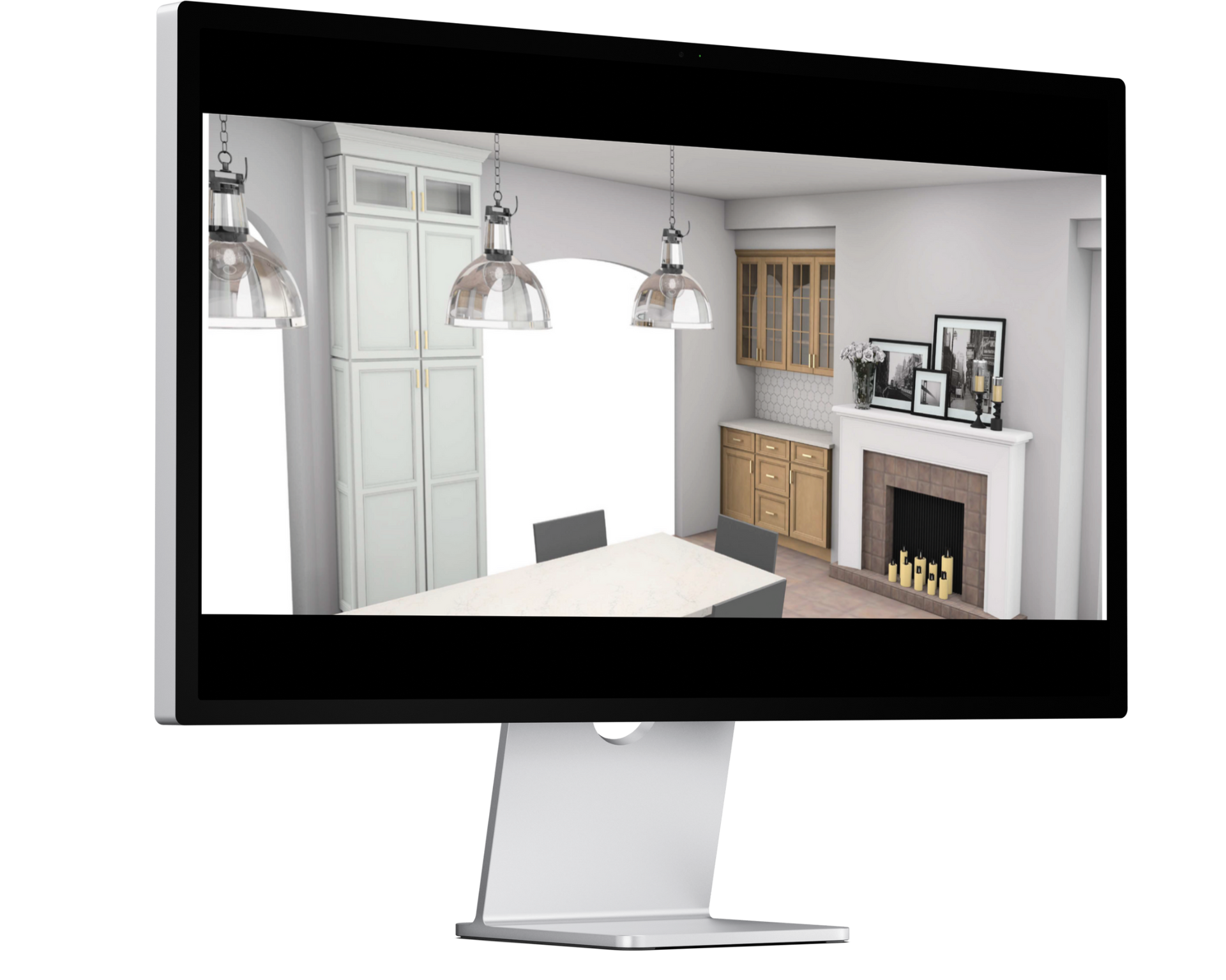 A computer monitor displaying a kitchen interior design with a fireplace and cabinets.