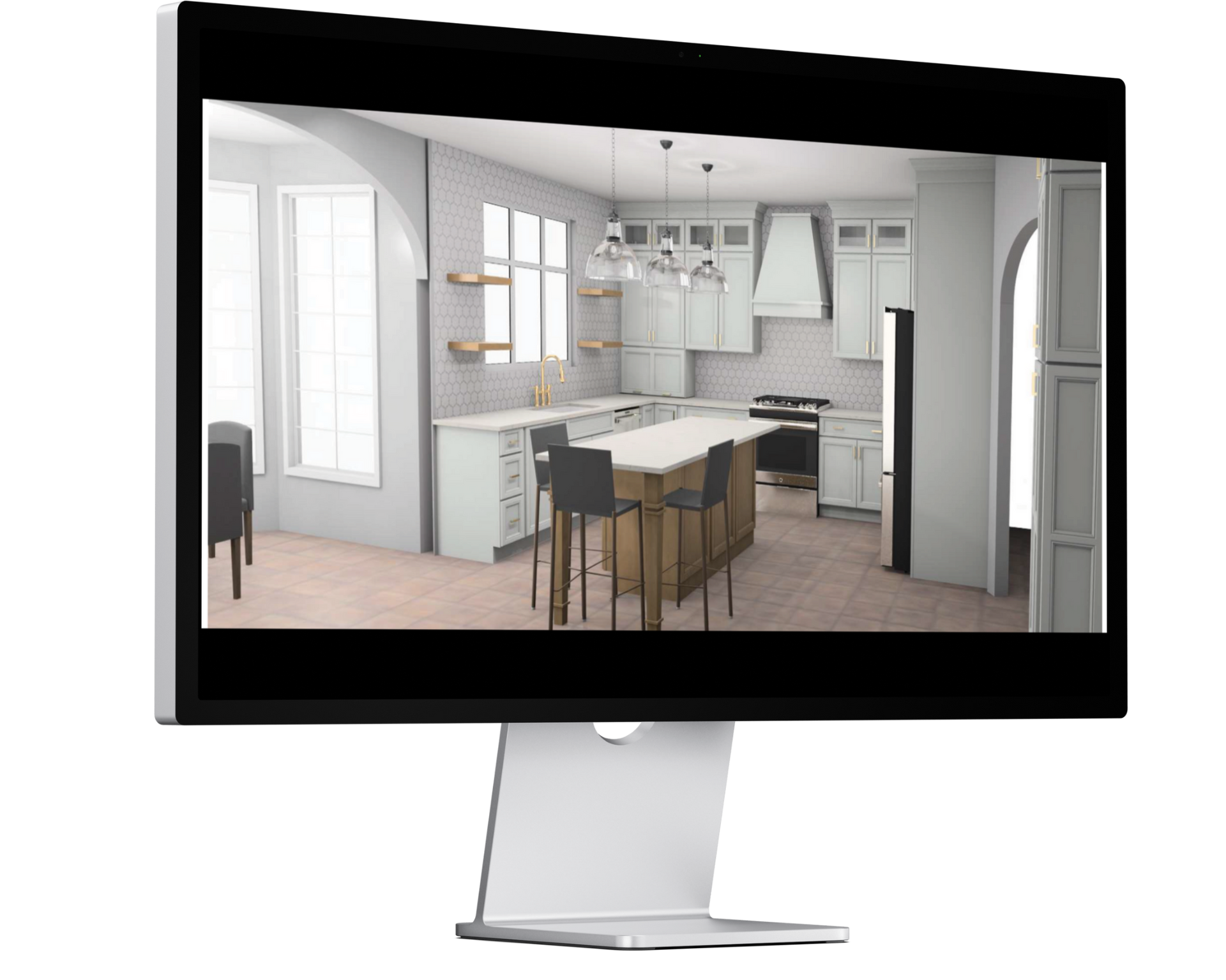 Computer screen displaying a kitchen interior design with white cabinets, island, and appliances.