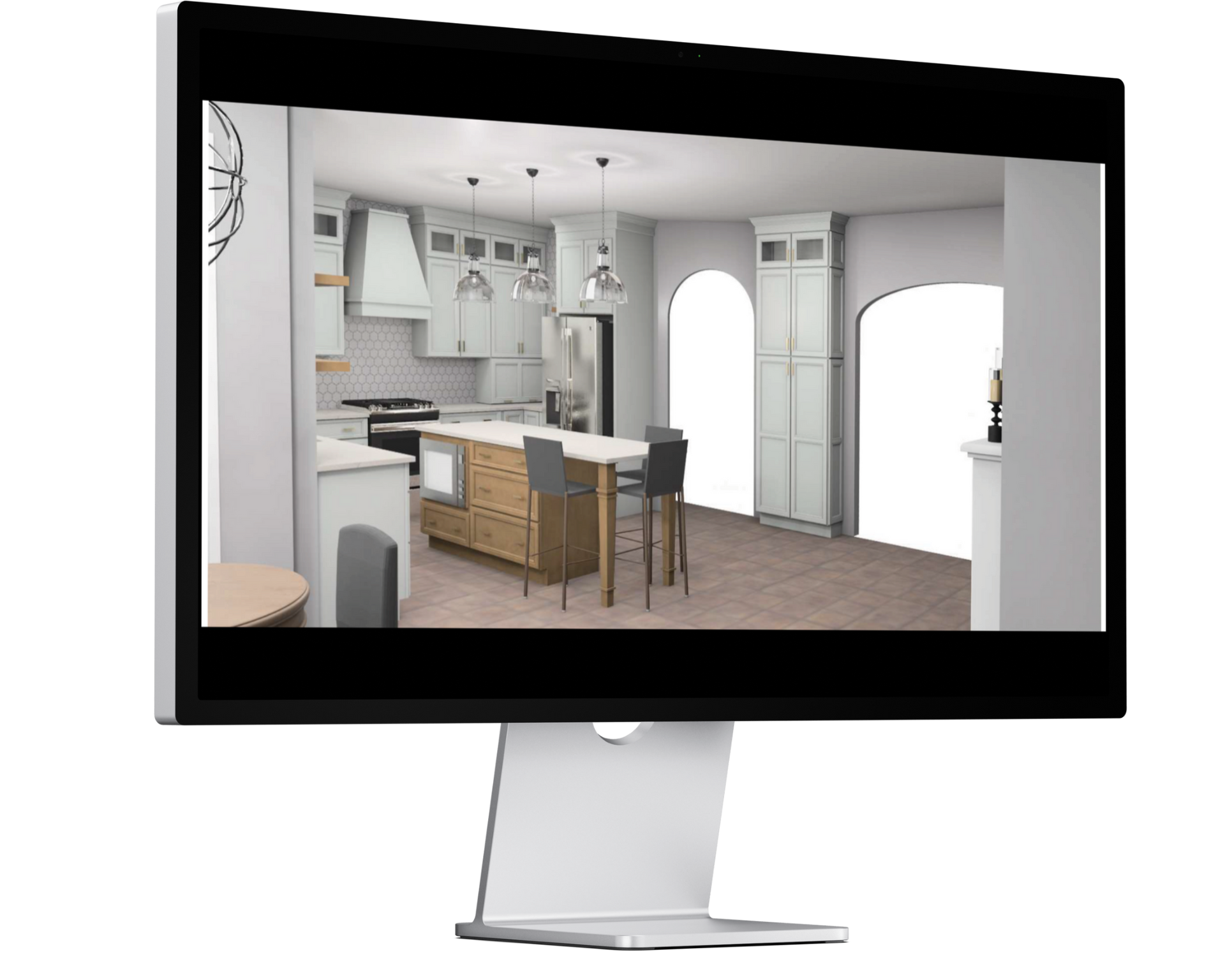 A computer screen displays a 3D kitchen design with light blue cabinetry, a wooden island, and two archways.
