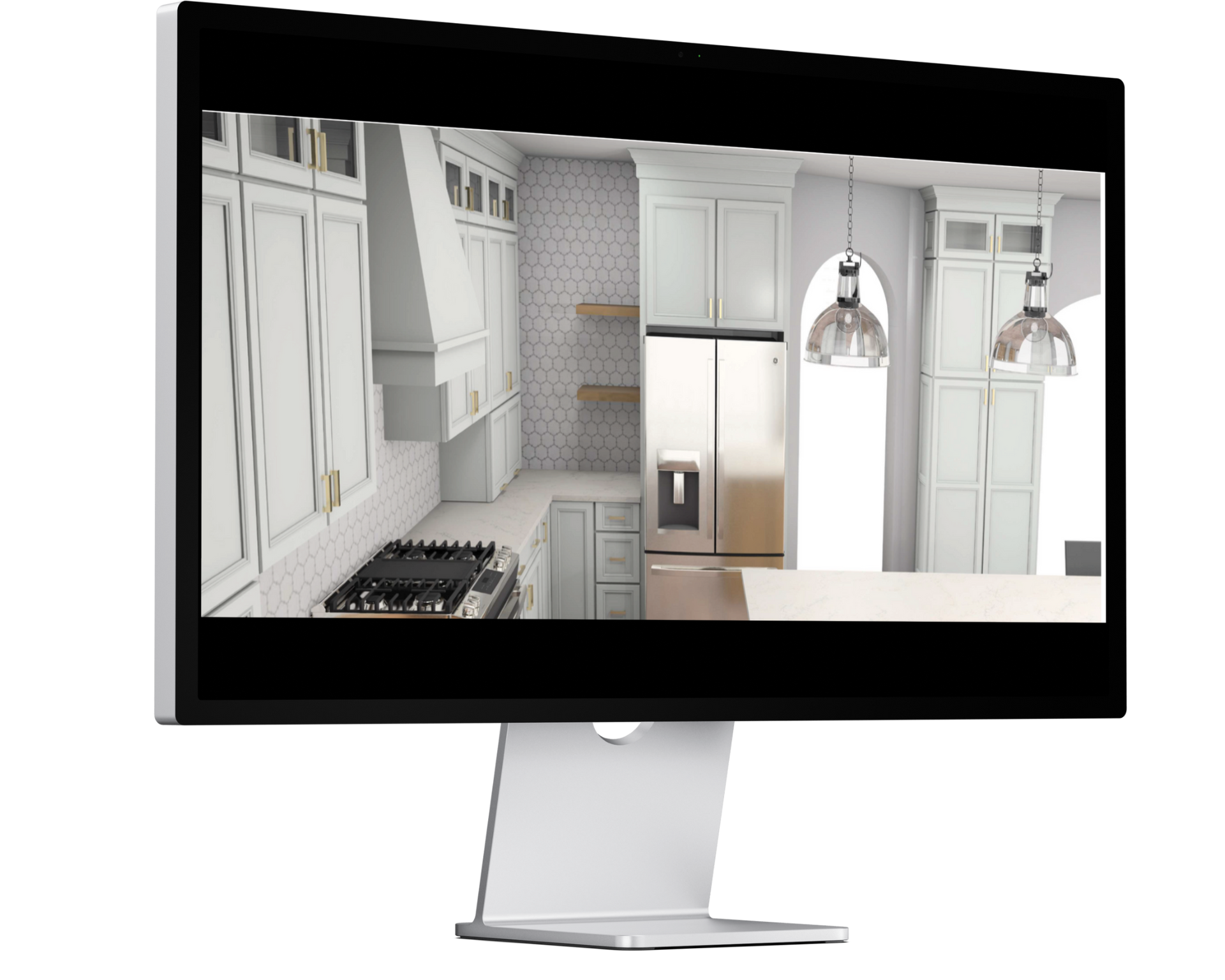 Computer screen displays a white kitchen design with cabinets, appliances, and pendant lights.