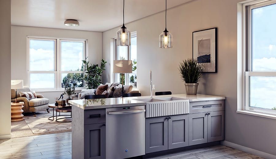 An artist 's impression of a kitchen with a large island and a sink.