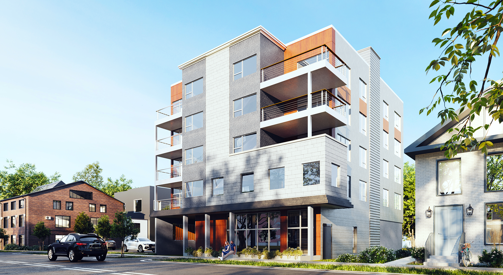 An artist 's impression of a large apartment building with cars parked in front of it.