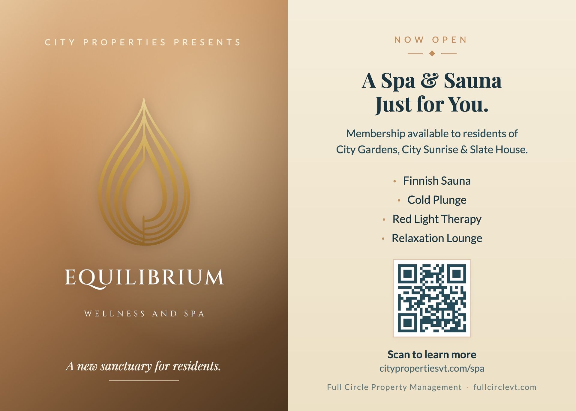 Equilibrium Wellness and Spa, now open: Finnish sauna, cold plunge, red light therapy and relaxation lounge. Membership available to residents of City Gardens, City Sunrise and Slate House.
