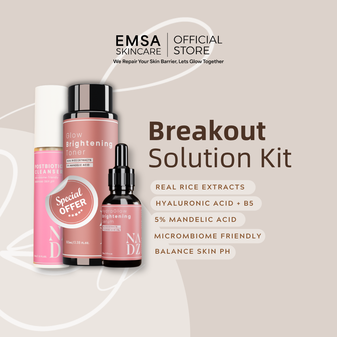 NADZ Breakout Solution Kit | Acne Skincare Set | Postbiotic Cleanser + Glow Toner + HydraGlow Serum