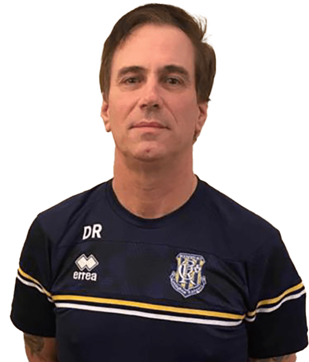 Man in a blue and black jersey with