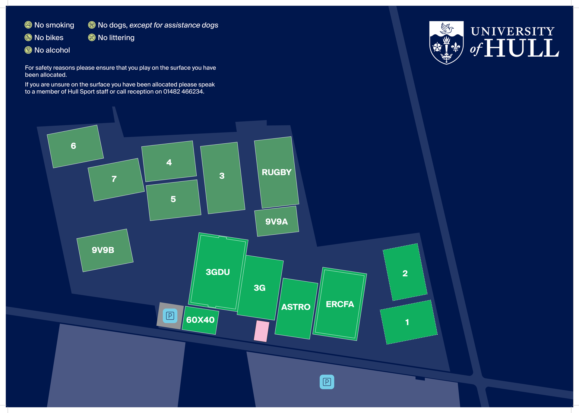 Map of University of Hull campus buildings, green on blue background, with icons and a logo.