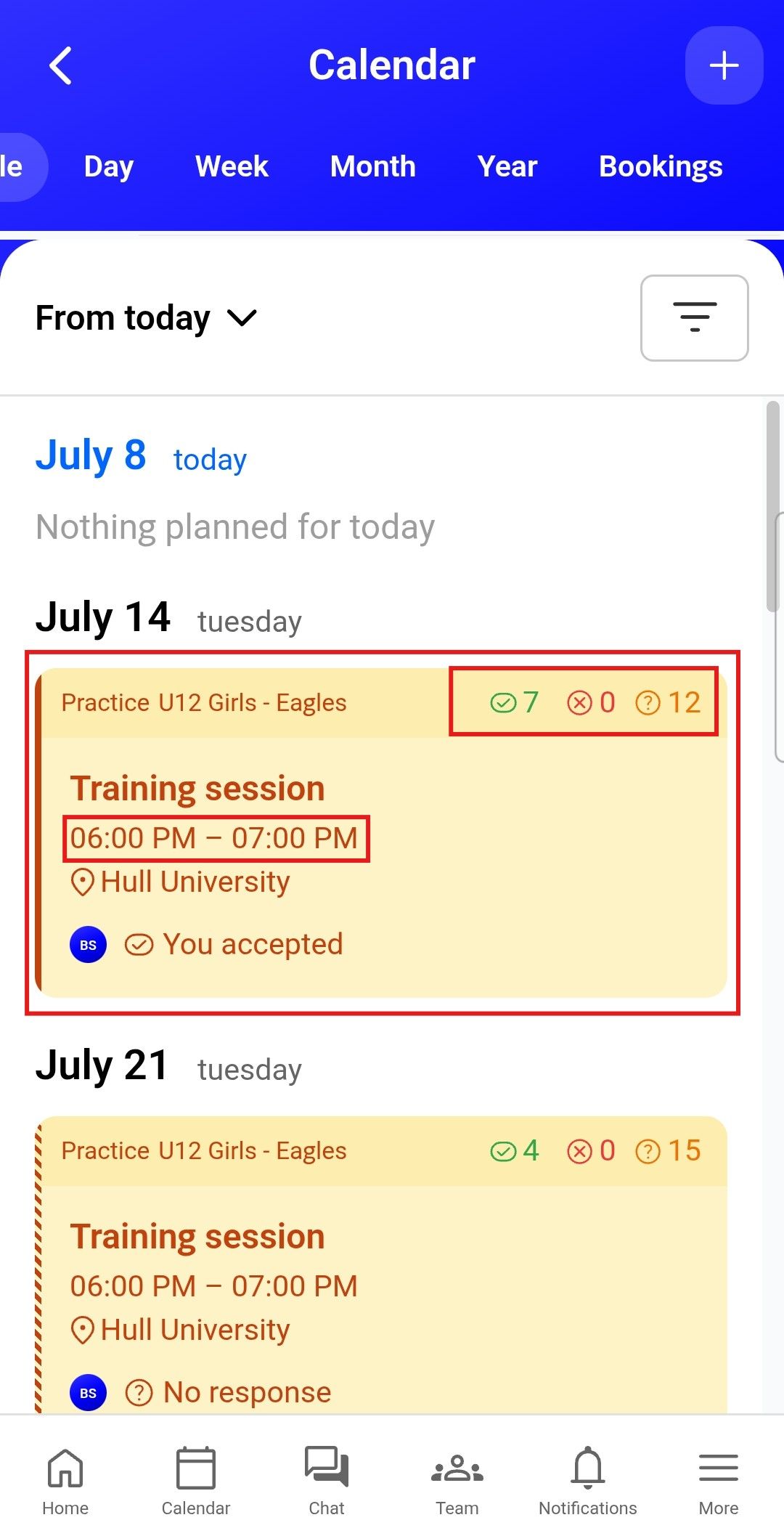 Mobile app screen listing child contacts and club memberships with an edit button.