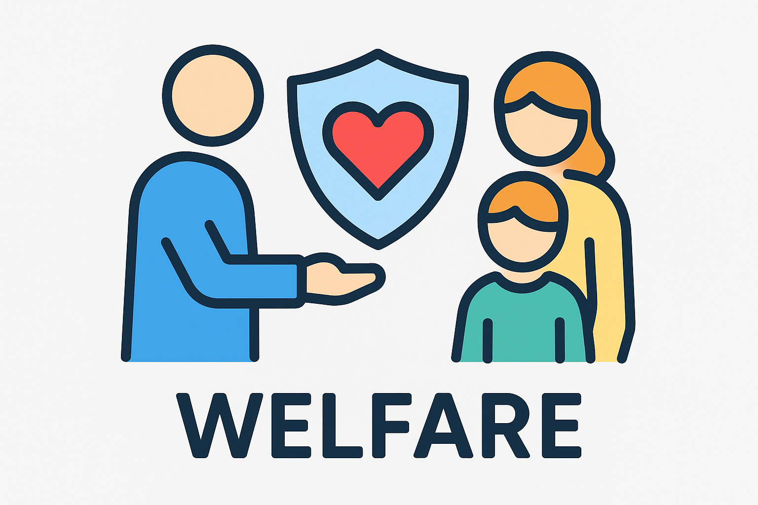 Person offering a shield with a heart to a family. Text