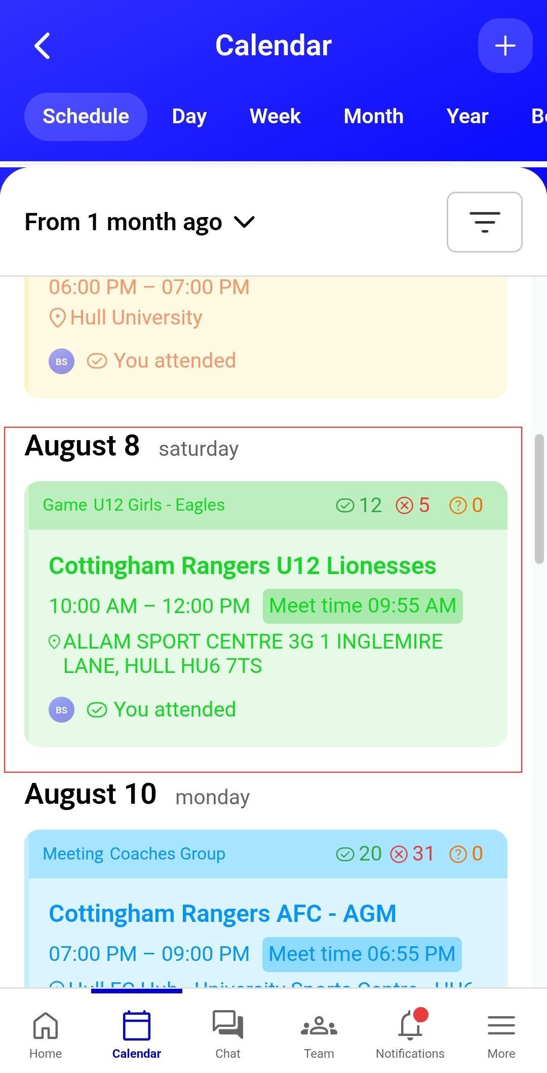 Mobile app screen listing child contacts and club memberships with an edit button.
