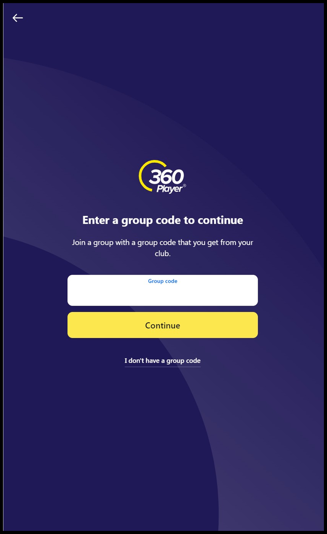 Blue screen with 360 Player logo and prompts to enter a group code. Input fields are white and yellow.