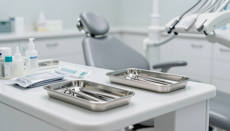 Sala per trattamenti odontoiatrici con poltrona e vassoi per strumenti in acciaio inossidabile su un bancone bianco.