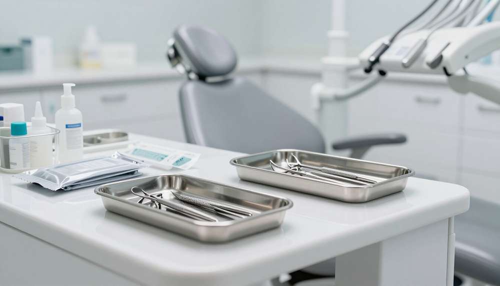 Sala per trattamenti odontoiatrici con poltrona e vassoi per strumenti in acciaio inossidabile su un bancone bianco.