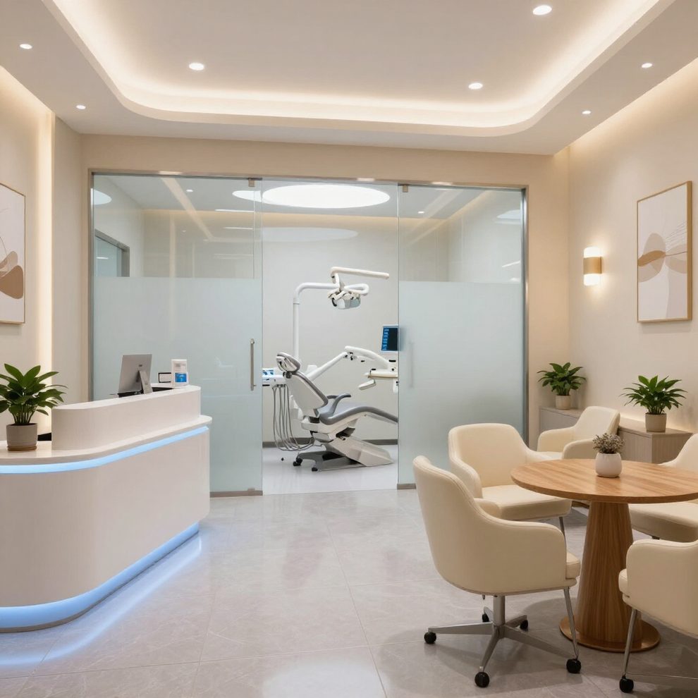 Studio dentistico moderno con reception e sala visite, arredato con poltrone, tavolo in legno e poltrona per la visita.