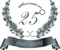 Emblema del 25° anniversario con corona d'alloro e nastro con la scritta 1990–2015
