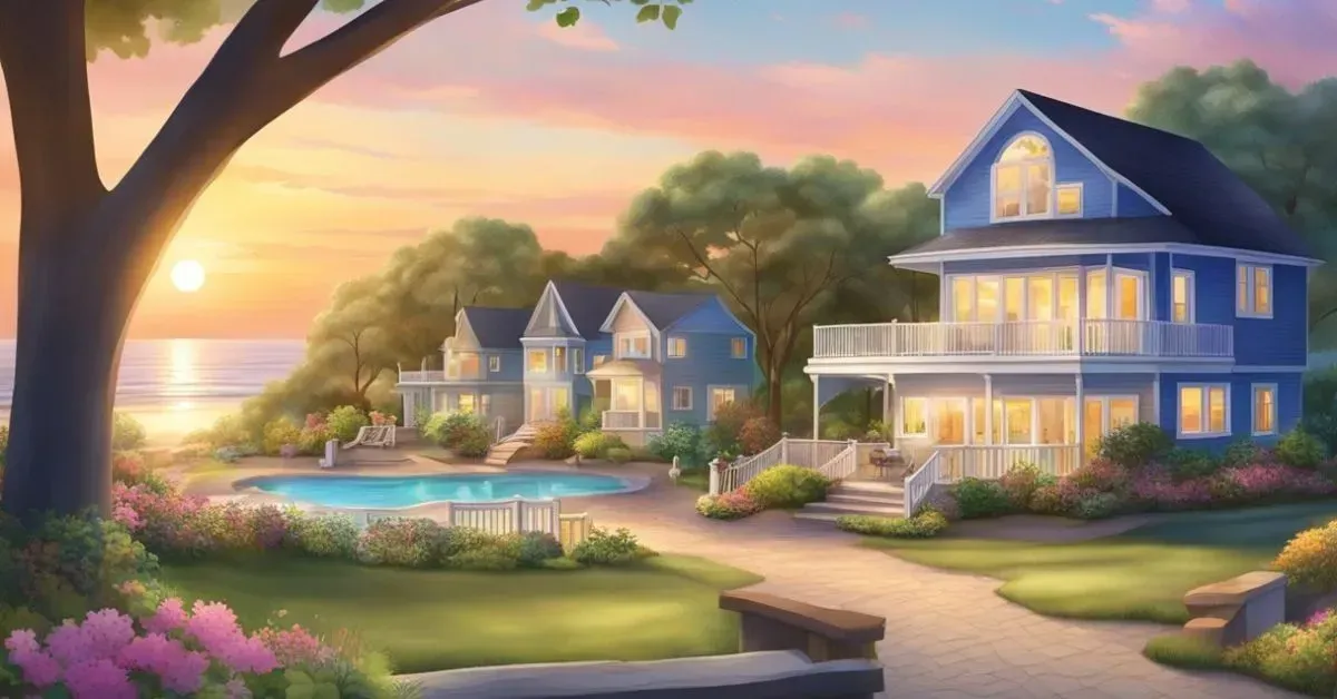 Sunset view of coastal homes and garden path by a pool, with warm pink and blue sky