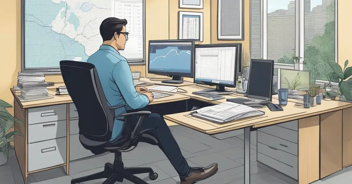 Man working at a desk with multiple monitors in a bright office by large windows.