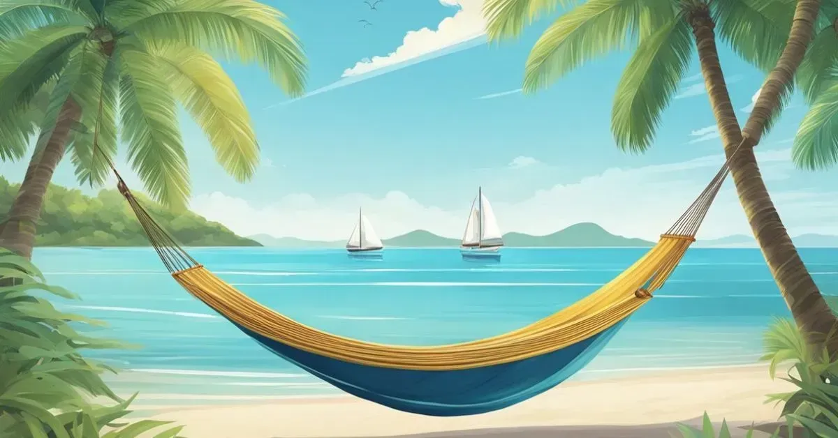 Beach hammock between palm trees overlooking a turquoise sea with sailboats in the distance