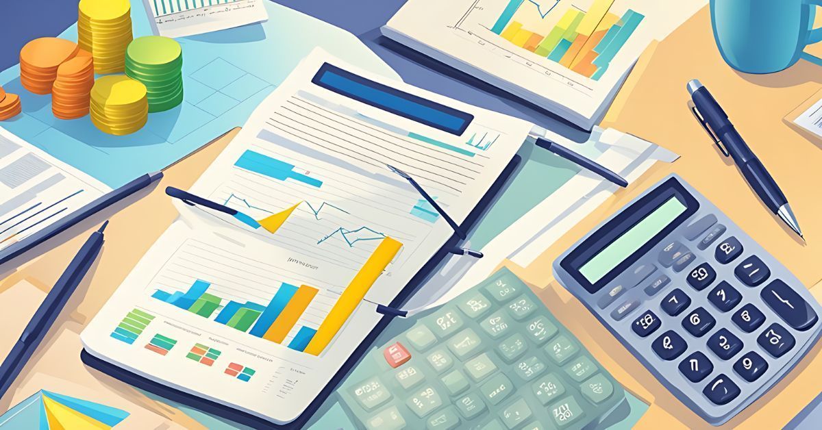 Financial charts, calculator, and coins on a desk with papers and pens