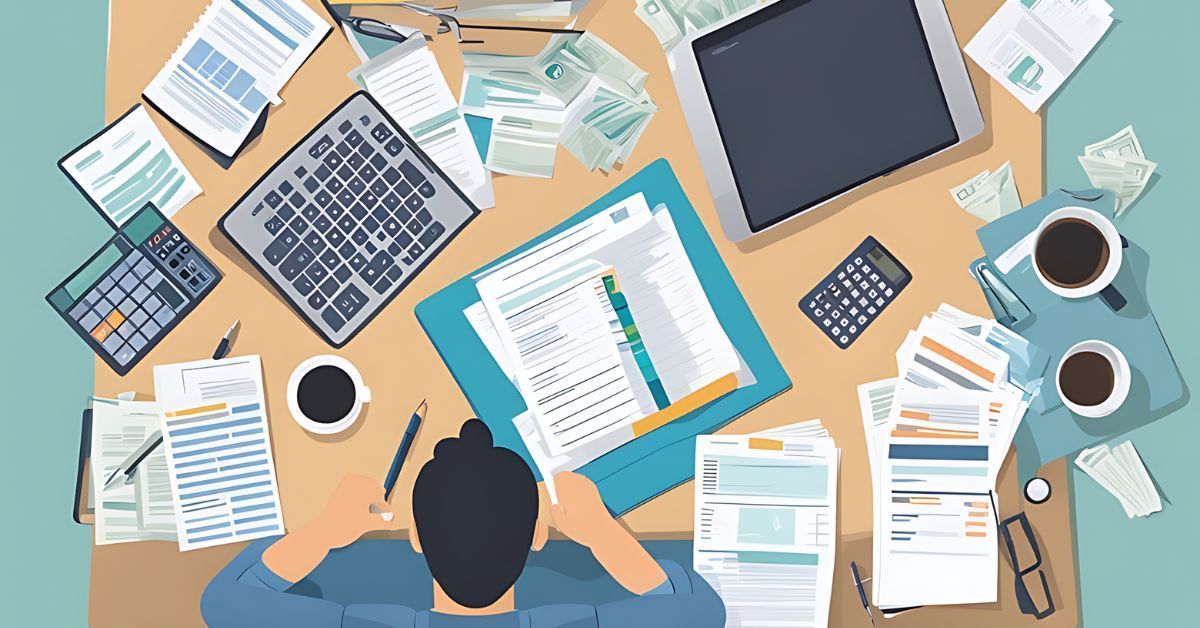 Overhead view of a cluttered desk with laptop, papers, coffee cups, and a person working