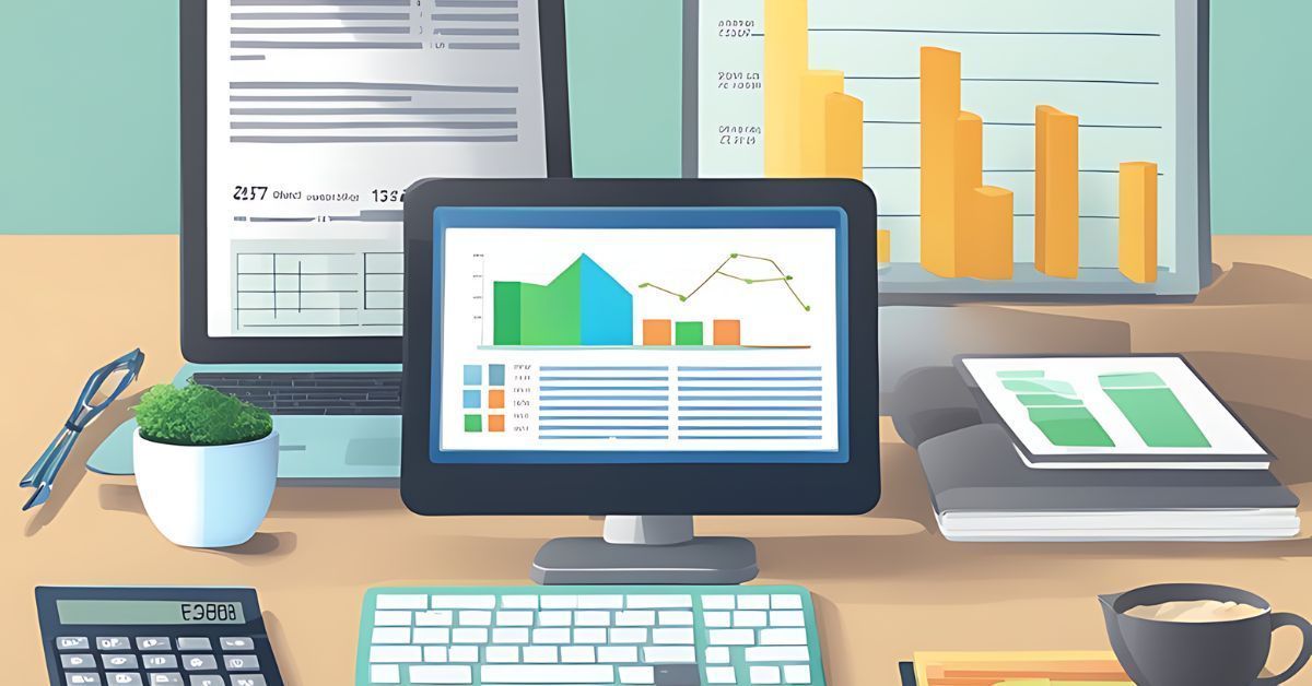 Desk with computer displaying charts, surrounded by office papers, keyboard, calculator, plant, and coffee cup.