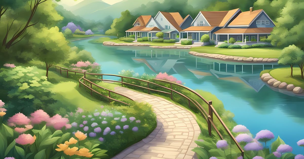 A serene riverside neighborhood with curved garden path, colorful flowers, calm water, and houses under a sunny sky