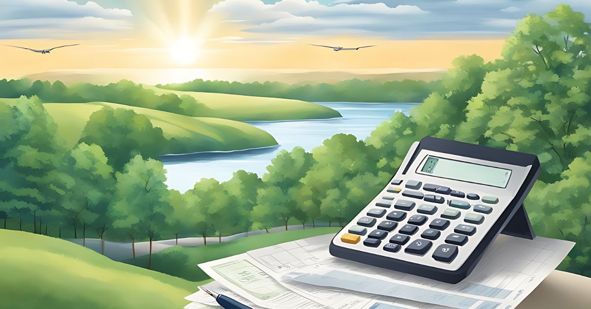 Calculator on papers by a bright window overlooking a green lake landscape
