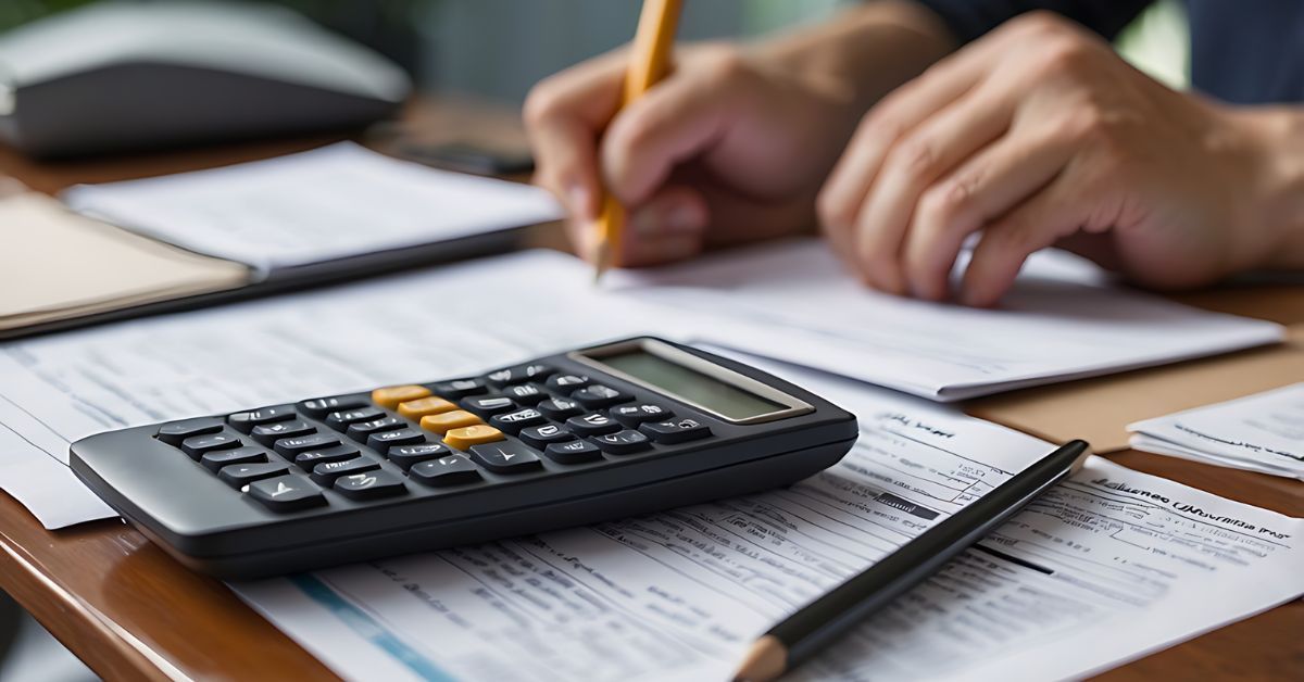 Hands writing on paperwork beside a calculator on a desk