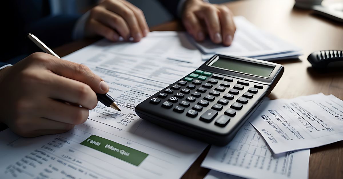 Hands calculating bills with a calculator on paperwork at a desk