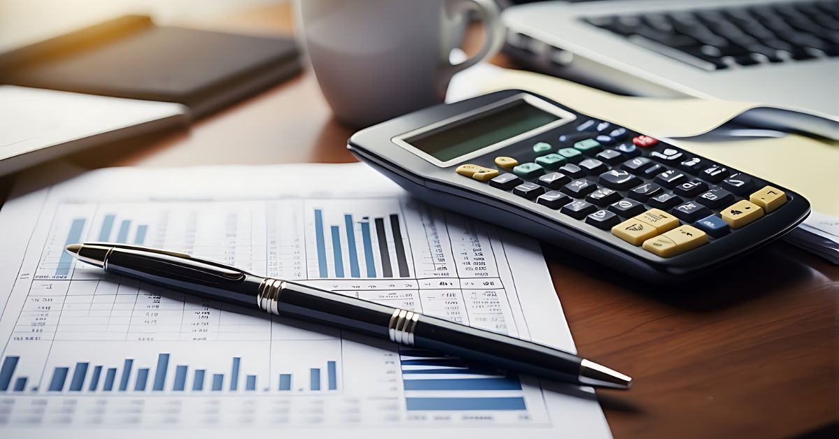 Calculator, pen, and financial charts on a desk with a coffee cup in the background