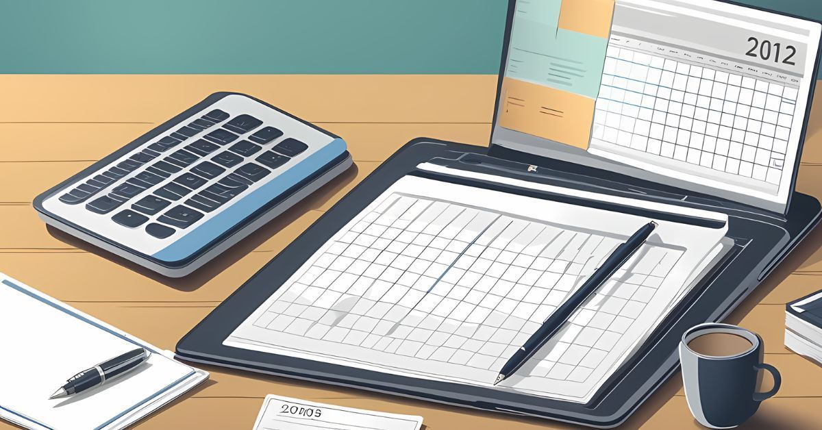 Desk with calculator, open calendar notebook, pen, coffee mug, and 2012 desk calendar.