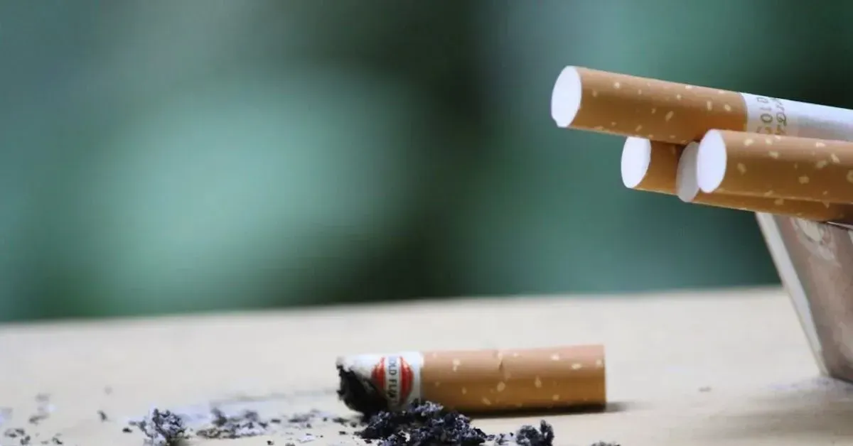 Cigarette butts and ash on a ledge, with a blurred cigarette holder in the background.