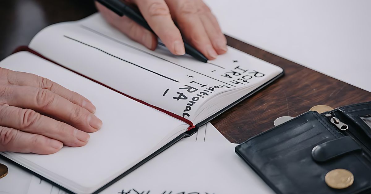 Hands writing in a notebook beside a black wallet on a wooden table