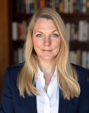 Portrait of a blonde person in a navy blazer and white shirt, standing before bookshelves, smiling gently