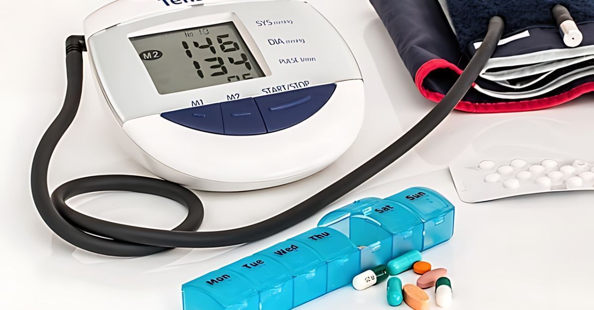 Blood pressure monitor, pills, and stethoscope on a white surface.