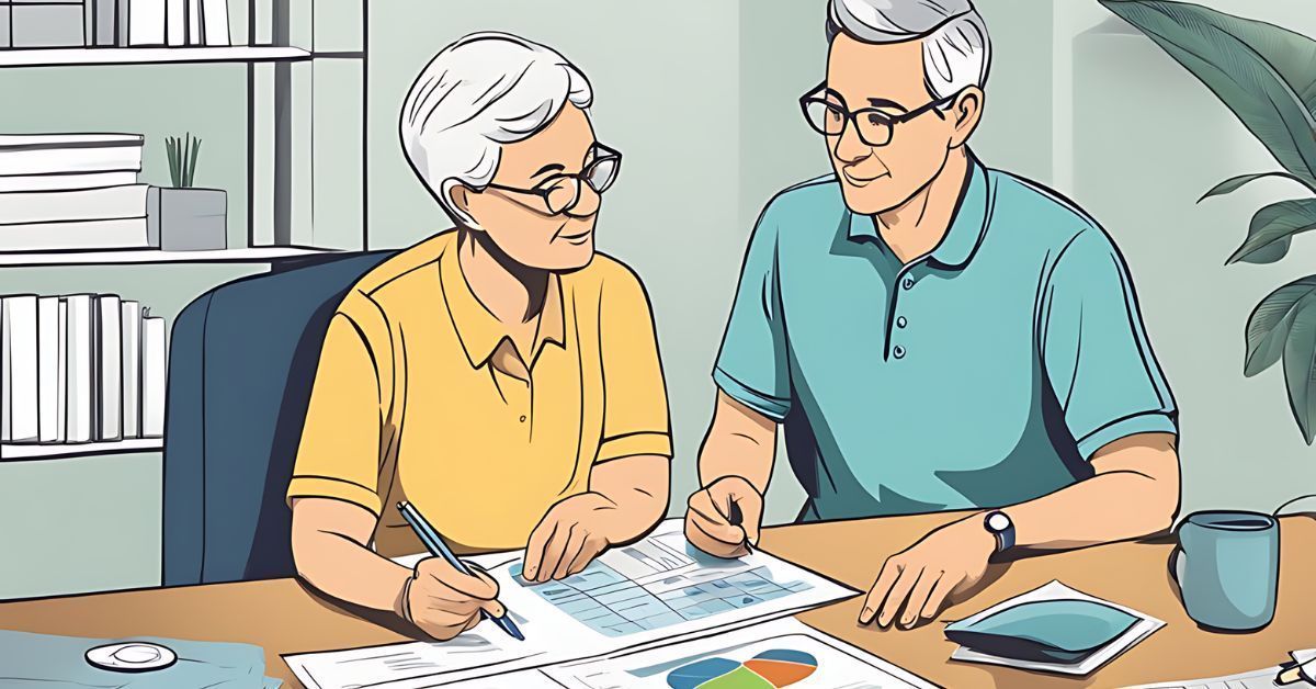 Two people reviewing papers at a table with a laptop and coffee mug in a bright office