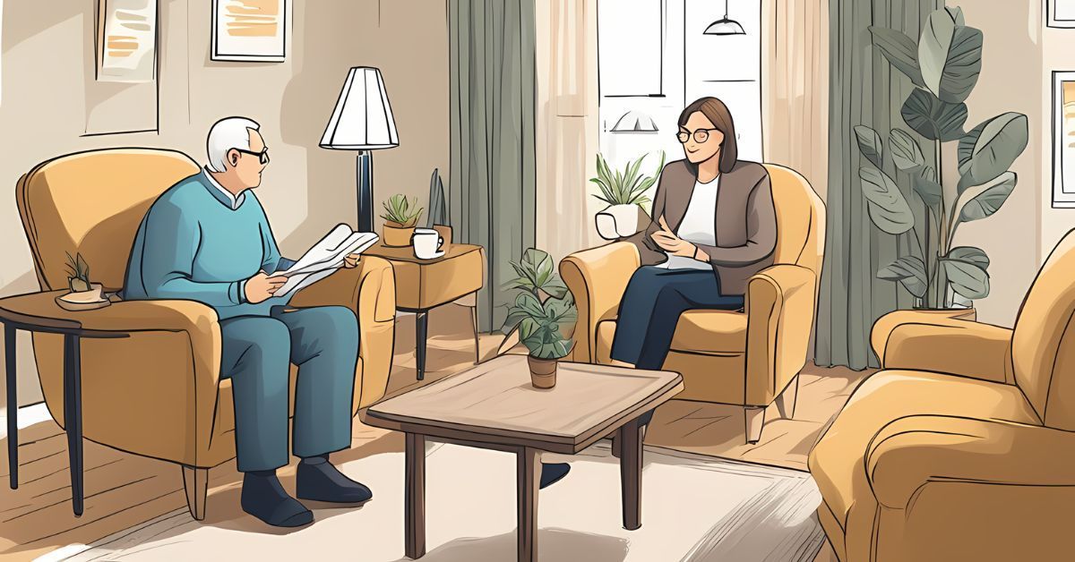 Two people sit in armchairs in a cozy living room, talking by a coffee table and floor lamp.